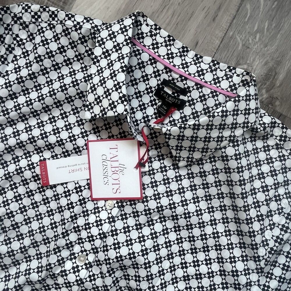 NWT Talbots Non-Iron Sz 14P Black/White Geometric Print Button Up Shirt Stretch - Picture 3 of 9